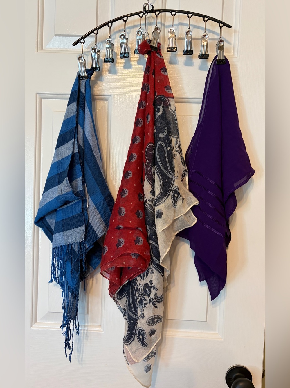 3 Scarf Set - Blue Stripes, Red & Blue Paisley, Purple Chiffon